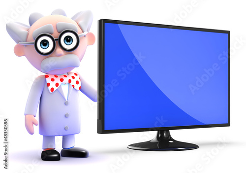 Illustration: Scientist stands by widescreen television Scientist stands by widescreen television
