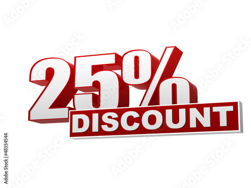 Illustration: 25 percentages discount red white banner - letters and block 25 percentages discount red white banner - letters and block