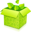 Vector: Green vector gift box with flying foliage inside Green vector gift box with flying foliage inside
