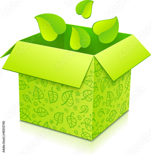 Vector: Green vector gift box with flying foliage inside Green vector gift box with flying foliage inside