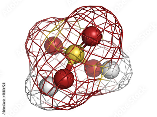 Illustration: Sulfuric acid (H2SO4, oil of vitriol) molecule, chemical structu Sulfuric acid (H2SO4, oil of vitriol) molecule, chemical structu