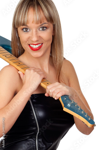 Photo: Sexy guitarist with a black leather dress Sexy guitarist with a black leather dress