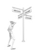 bemused 3d man person with road signs arrows