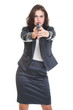 Young brunette woman with gun isolated on white