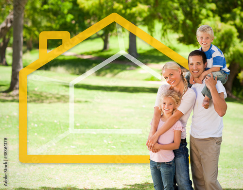 Photo: Happy family in the park with house illustration Happy family in the park with house illustration