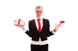 woman holding blank businesscard and giftbox