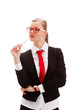 seriously businesswoman holding pen