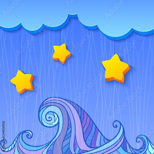 Vector: 3d shaded decoration with cloud and stars over the sea 3d shaded decoration with cloud and stars over the sea