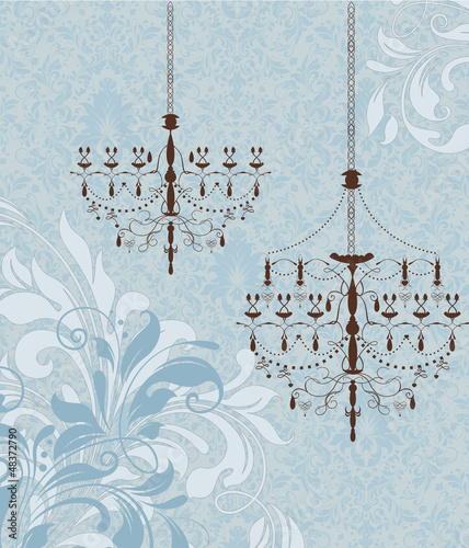 Vector: Invitation vintage card with floral ornament and chandelier Invitation vintage card with floral ornament and chandelier