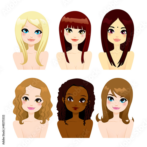 Vector: Multi-ethnic Women Long Hair Multi-ethnic Women Long Hair