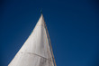 Mastil de velero con vela desplegada al viento.