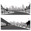 Crowd of people walking on a  city street.Highway silhouette
