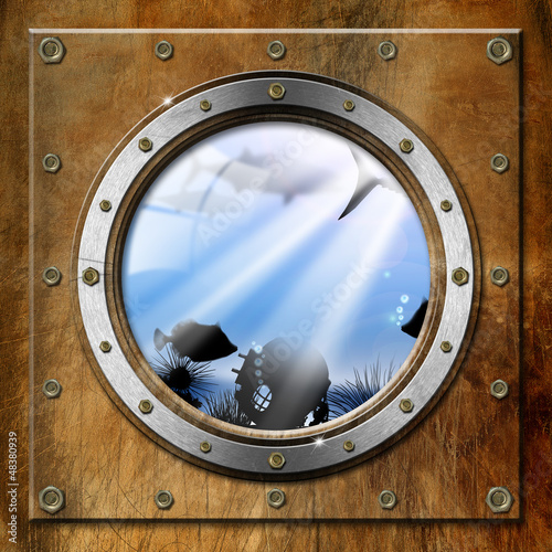Illustration: Metal Porthole with Sea Abyss Landscape Metal Porthole with Sea Abyss Landscape