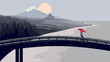Bridge, woman with red umbrella, mountains and sea.
