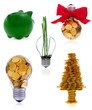 Traditional  lightbulb with  golden coins and green piggy bank