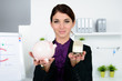 Photo: businessfrau mit sparschwein und thermostat businessfrau mit sparschwein und thermostat