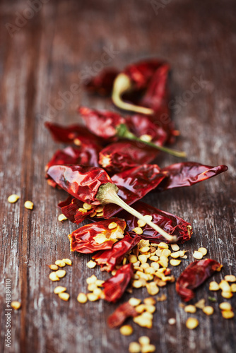 Photo: Dried chili pepper on wooden background Dried chili pepper on wooden background