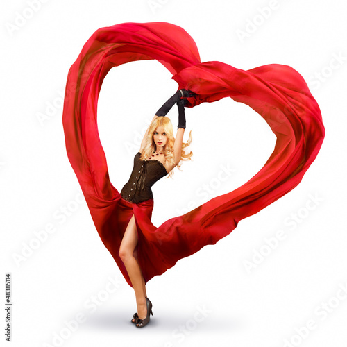 Photo: Young Woman with Red Silk Valentine Heart Young Woman with Red Silk Valentine Heart