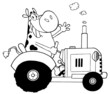 Outlined Happy Cow Farmer In Red Tractor Waving A Greeting