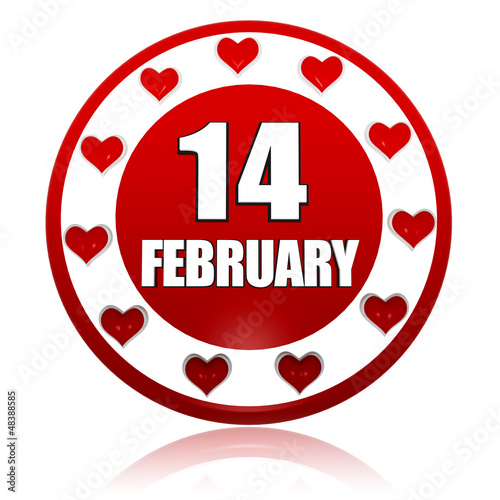 Illustration: February 14 red circle banner with hearts symbols February 14 red circle banner with hearts symbols