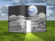 Book with science fiction scene and open doorway of light