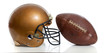 A retro gold football helmet and football on a white background