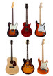 Group of six guitars on white background
