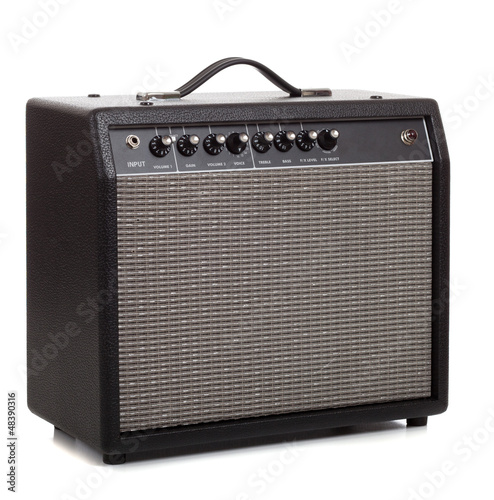 Photo: A black amp on a white background A black amp on a white background