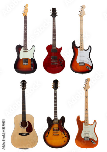 Photo: Group of six guitars on white background Group of six guitars on white background