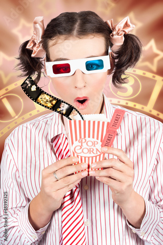 Photo: Funny Girl Watching 3D Movie At Cinema Funny Girl Watching 3D Movie At Cinema