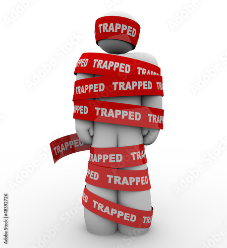 Illustration: Trapped Person Tangled in Red Tape No Freedom Trapped Person Tangled in Red Tape No Freedom