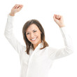 Happy smiling gesturing businesswoman, isolated