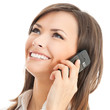 Happy businesswoman with cell phone, isolated