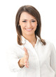 Foto: Portrait of happy smiling businesswoman, giving hand for handsha Portrait of happy smiling businesswoman, giving hand for handsha