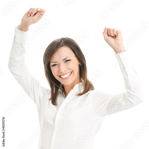 Photo: Happy smiling gesturing businesswoman, isolated Happy smiling gesturing businesswoman, isolated