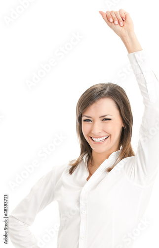 Photo: Happy smiling gesturing businesswoman, isolated on white backgro Happy smiling gesturing businesswoman, isolated on white backgro