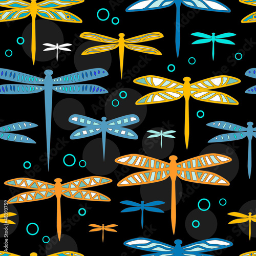 Vector: Colorful dragonflies on black seamless pattern, vector Colorful dragonflies on black seamless pattern, vector