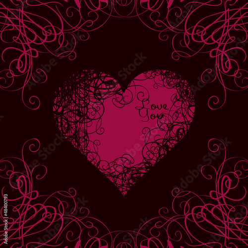 Vector: red heart in curls on a black background red heart in curls on a black background