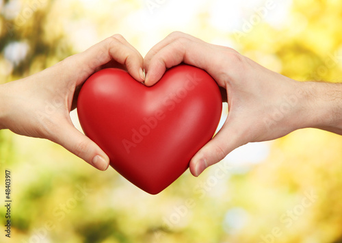 Photo: Red heart in woman and man hands, on green background Red heart in woman and man hands, on green background