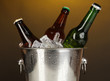 Beer bottles in ice bucket on darck yellow background
