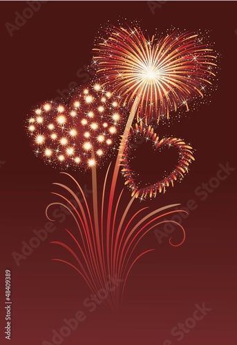 Vector: Firework in a shape of heart on the red background. Firework in a shape of heart on the red background.