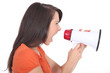Woman screaming into a megaphone