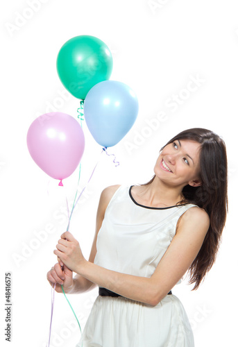 Photo: girl with colorfull balloons as a present for birthday party girl with colorfull balloons as a present for birthday party