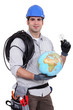 craftsman holding a bulb and a globe