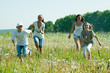Friends running in meadow