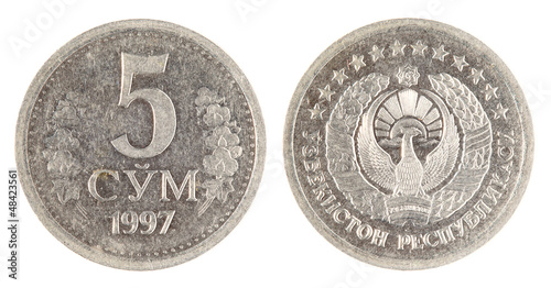 Photo: Uzbekistan old coin on the white background (1997 year) Uzbekistan old coin on the white background (1997 year)