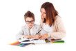 Happy woman, mother or teacher helping kid with schoolwork