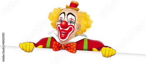 Illustration: Clown sorridente con cartello bianco Clown sorridente con cartello bianco