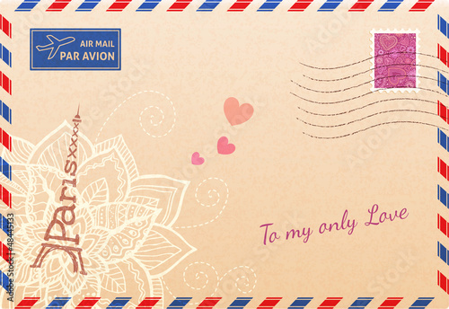 Vector: Vintage french envelope with Eiffel tour, flowers and hearts Vintage french envelope with Eiffel tour, flowers and hearts