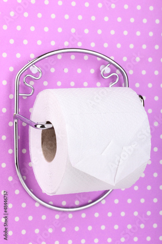 Photo: Roll of toilet paper on holder fixed to wall Roll of toilet paper on holder fixed to wall
